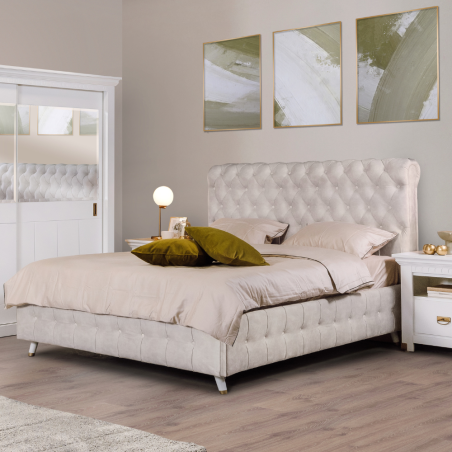 Set Dormitor Saint Tropez Alb, Pat Tapitat Cu Dimensiune Saltea 160 X 200, Dulap Cu Usi Culisante, 2 Noptiere, Vopsit Alb-01