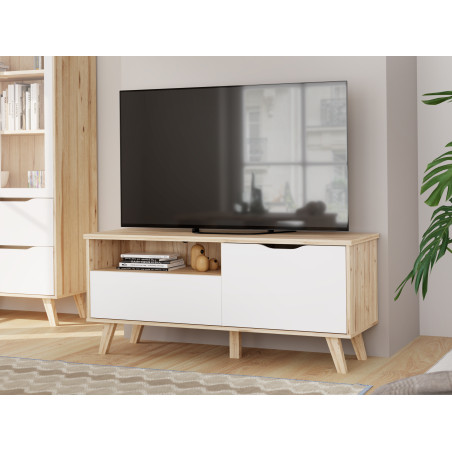 Comoda TV Mica Cu 1 Usa Si 1 Sertar Vankka, Stejar Pardosit Si Alb, 124.4 Cm-01