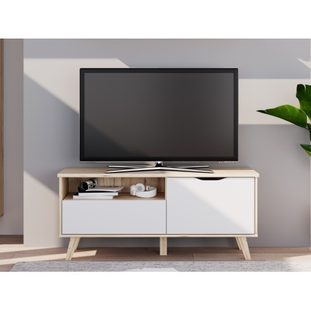 Comoda TV Mica Cu 1 Usa Si 1 Sertar Vankka, Stejar Pardosit Si Alb, 124.4 Cm-01