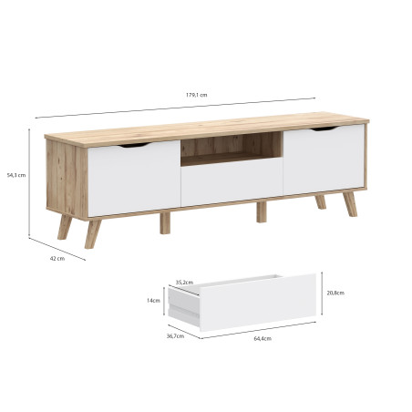Comoda TV Mare Cu 2 Usi Si 1 Sertar Vankka, Stejar Pardosit Si Alb, 179.1 Cm-01