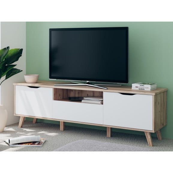 Comoda TV Mare Cu 2 Usi Si 1 Sertar Vankka, Stejar Pardosit Si Alb, 179.1 Cm