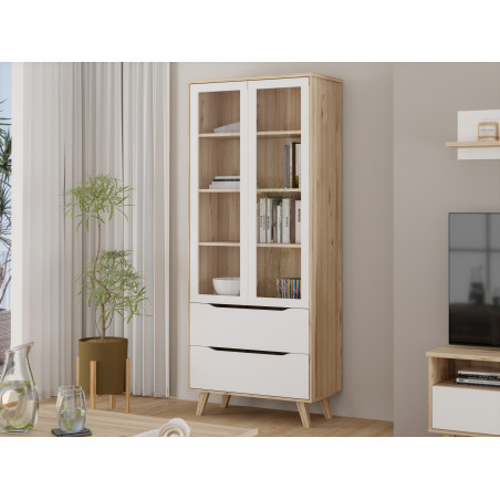 Vitrina Cu 2 Usi Si 2 Sertare Vankka, Stejar Pardosit Si Alb, 84.7 Cm-01