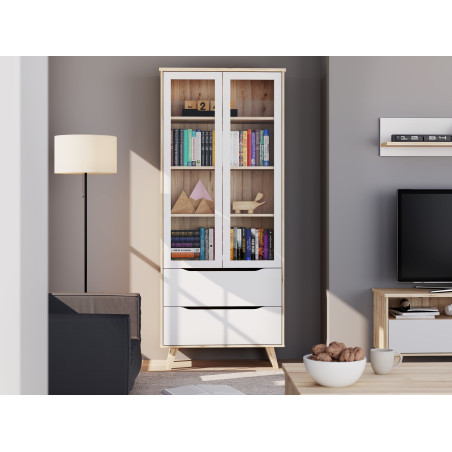 Vitrina Cu 2 Usi Si 2 Sertare Vankka, Stejar Pardosit Si Alb, 84.7 Cm-01