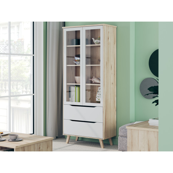 Vitrina Cu 2 Usi Si 2 Sertare Vankka, Stejar Pardosit Si Alb, 84.7 Cm