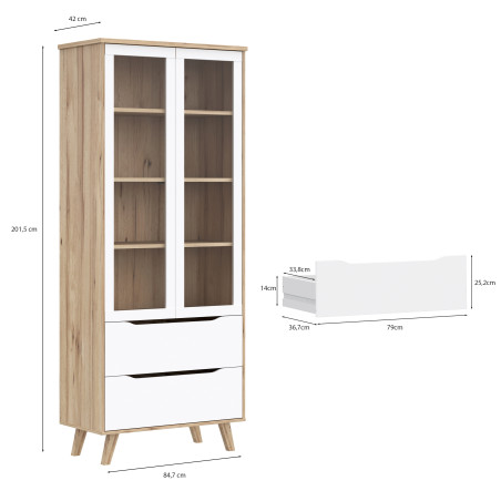 Vitrina Cu 2 Usi Si 2 Sertare Vankka, Stejar Pardosit Si Alb, 84.7 Cm-01