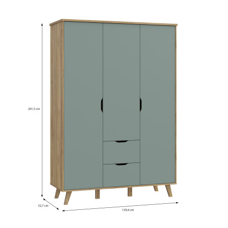 Dulap 3 Usi Si 2 Sertare Vankka, Stejar Mauvella Si Verde Menta, 139,4 Cm-01