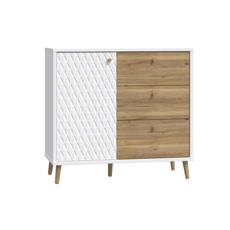 Comoda 1 Usa Si 3 Sertare Ankona, Alb Si Stejar Mauvella, 94.5 Cm-01