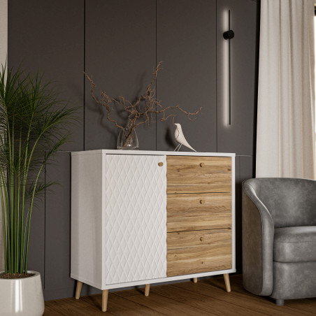 Comoda 1 Usa Si 3 Sertare Ankona, Alb Si Stejar Mauvella, 94.5 Cm-01