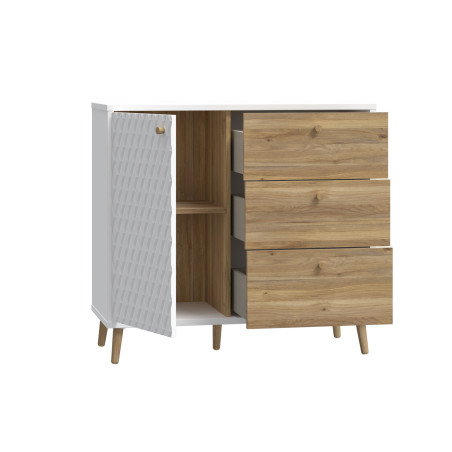 Comoda 1 Usa Si 3 Sertare Ankona, Alb Si Stejar Mauvella, 94.5 Cm-01