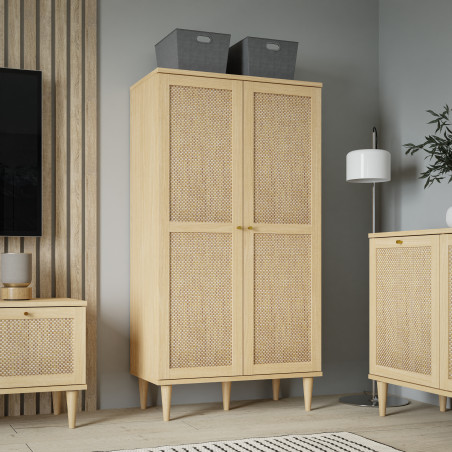 Etajera 2 Usi Charleston, Stejar Elegancia Si Polyrattan 80.1 Cm-01