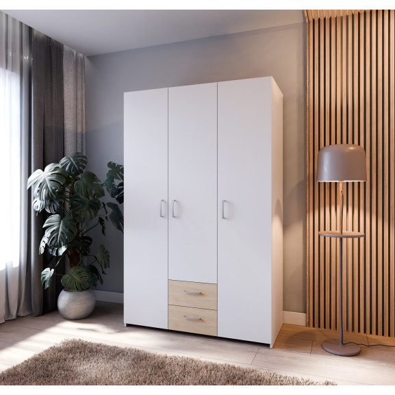 Dulap 3 Usi Ecobest  Alb Si Stejar Puccini, 119.4 Cm