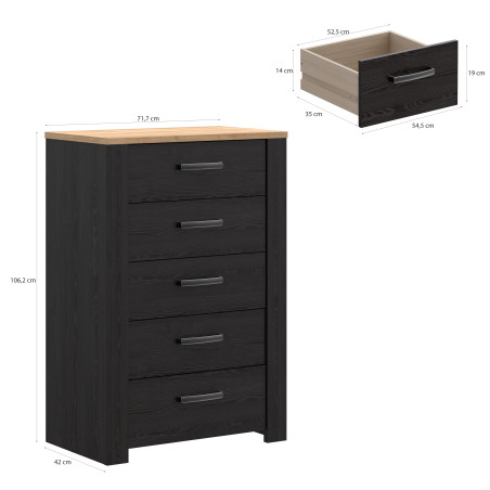 Comoda 5 Sertare  Blackhit, Stejar Riviera Si Stejar Cabezone, 71.7  Cm-01