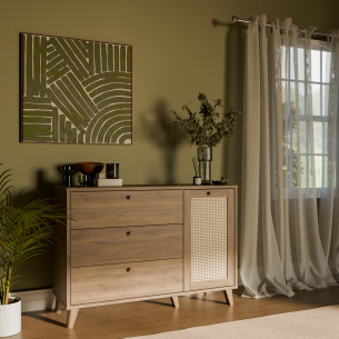 Comoda 1 Usa Si 3 Sertare Glowkiss, Stejar Valencia Si Ratan Natural, 119.5 Cm