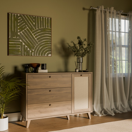 Comoda 1 Usa Si 3 Sertare Glowkiss, Stejar Valencia Si Ratan Natural, 119.5 Cm-01