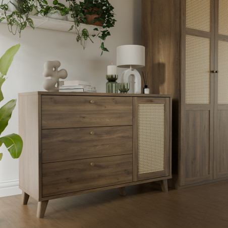 Comoda 1 Usa Si 3 Sertare Glowkiss, Stejar Valencia Si Ratan Natural, 119.5 Cm-01