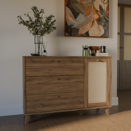 Comoda 1 Usa Si 3 Sertare Glowkiss, Stejar Valencia Si Ratan Natural, 119.5 Cm-01