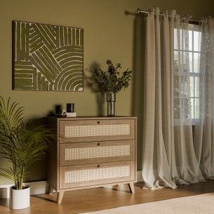 Comoda 3 Sertare Glowkiss, Stejar Valencia Si Ratan Natural, 89.8 Cm