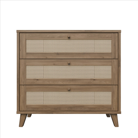 Comoda 3 Sertare Glowkiss, Stejar Valencia Si Ratan Natural, 89.8 Cm-01