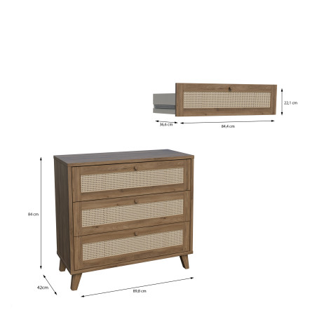 Comoda 3 Sertare Glowkiss, Stejar Valencia Si Ratan Natural, 89.8 Cm-01