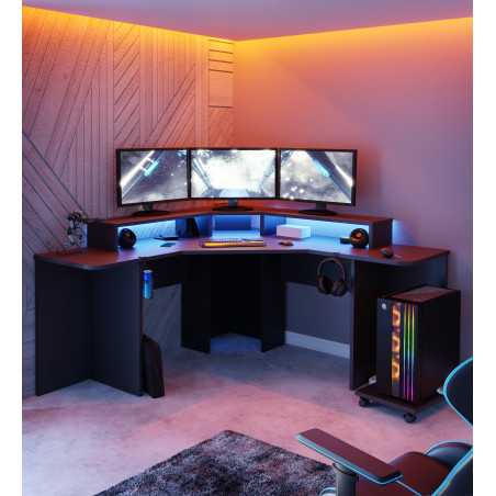 Birou Colt Gaming Trezorio, LED-uri RGB, Suport casti si suport bauturi,Negru Mat 160 Cm-01
