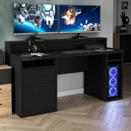 Birou Gaming Trezorio, LED RGB, Suport Casti Si Suport Bauturi, Negru Mat, 160 Cm-01