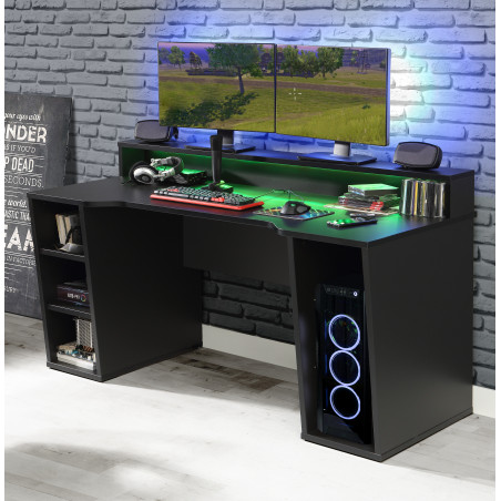 Birou Gaming Trezorio LED RGB, 2 Rafturi, Suport Casti Si Suport Bauturi, Negru Mat,160 Cm-01