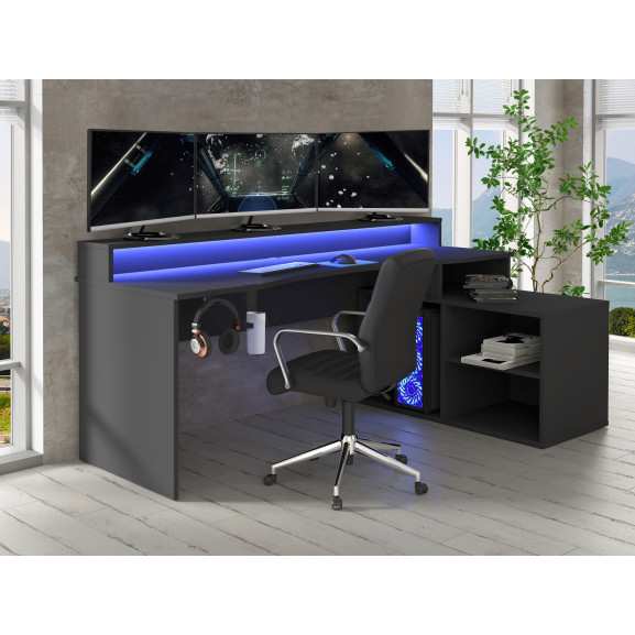 Birou Gaming Trezorio LED RGB Suport Casti Si Suport Bauturi Negru Mat 200 Cm