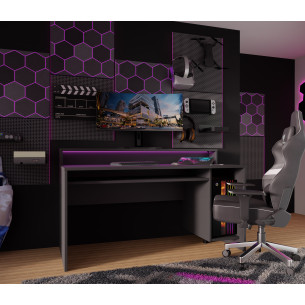 Birou Gaming Trezorio, LED-uri RGB, Negru Mat, 160 Cm