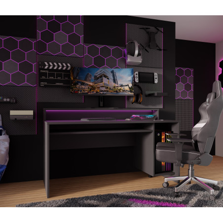 Birou Gaming Trezorio, LED-uri RGB, Negru Mat, 160 Cm-01
