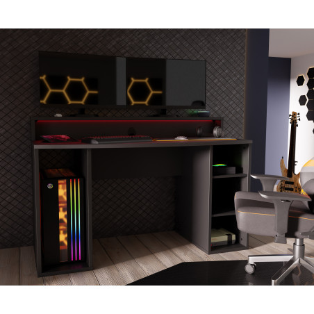 Birou Gaming Trezorio, 2 Rafturi, LED-uri RGB, Negru Mat, 140 Cm-01