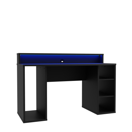 Birou Gaming Trezorio, 2 Rafturi, LED-uri RGB, Negru Mat, 140 Cm-01