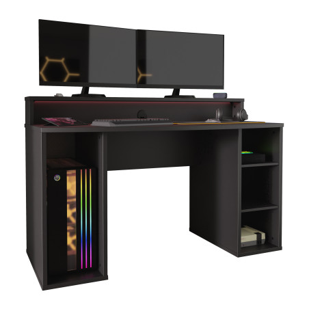 Birou Gaming Trezorio, 2 Rafturi, LED-uri RGB, Negru Mat, 140 Cm-01
