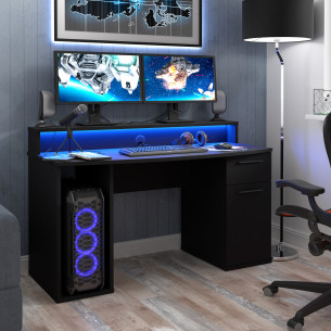 Birou Gaming Trezorio, LED-uri RGB, Negru Mat 140 Cm