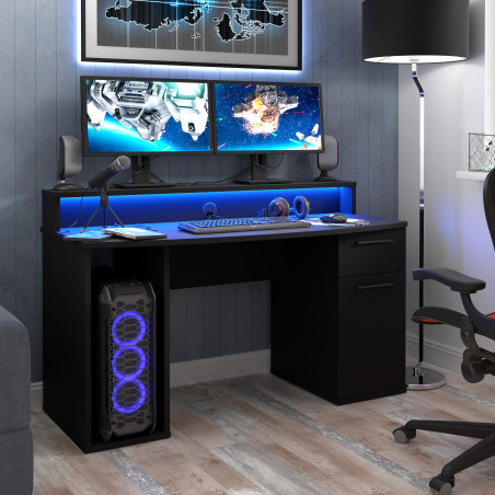 Birou Gaming Trezorio, LED-uri RGB, Negru Mat 140 Cm-01