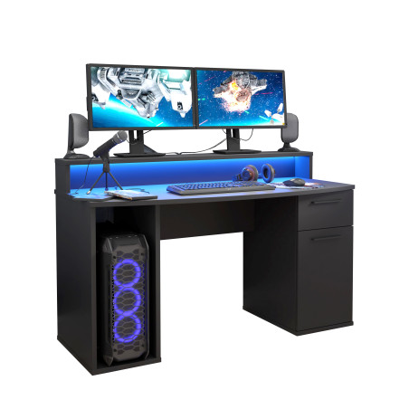 Birou Gaming Trezorio, LED-uri RGB, Negru Mat 140 Cm-01