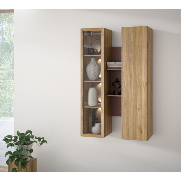 Vitrina Suspendata Bibliotheque, usi cu soft-close, Terracotta si stejar Mauvella, 84.2 Cm