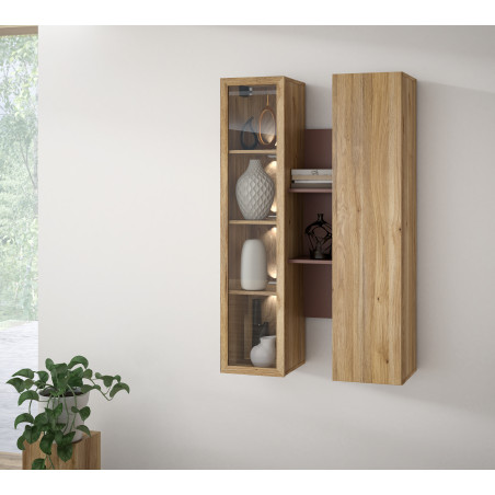 Vitrina Suspendata Bibliotheque, usi cu soft-close, Terracotta si stejar Mauvella, 84.2 Cm-01
