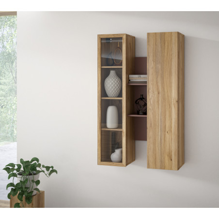 Vitrina Suspendata Bibliotheque, usi cu soft-close, Terracotta si stejar Mauvella, 84.2 Cm-01