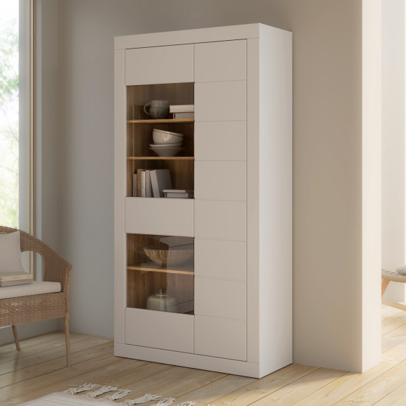 Vitrina 2 Usi Lufkira, Usi cu push-open, Alb Si Stejar Mauvella, 101 Cm