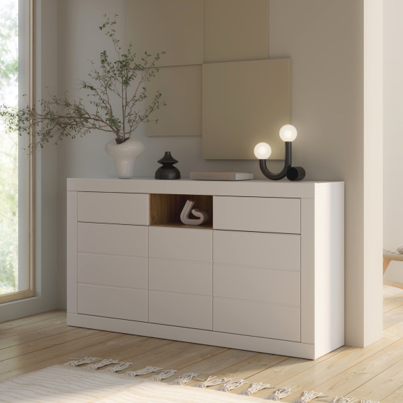 Bufet Lufkira,  Usi si sertare cu push-open, Alb Si Stejar Mauvella,170.7 Cm