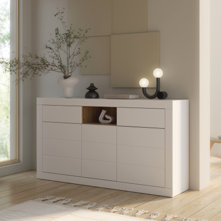 Bufet Lufkira,  Usi si sertare cu push-open, Alb Si Stejar Mauvella,170.7 Cm-01