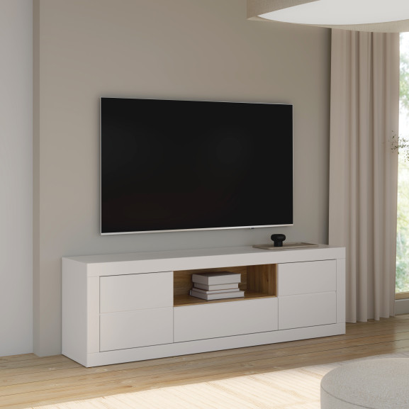Comoda Tv Mare Lufkira,  Usa si sertare cu push-open, Alb Si stejar Mauvella, 195.4 Cm