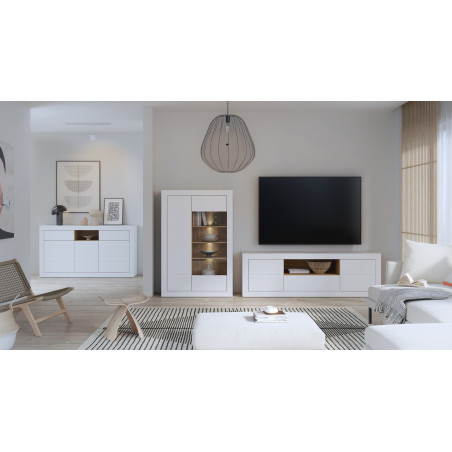 Comoda Tv Mare Lufkira,  Usa si sertare cu push-open, Alb Si stejar Mauvella, 195.4 Cm-01