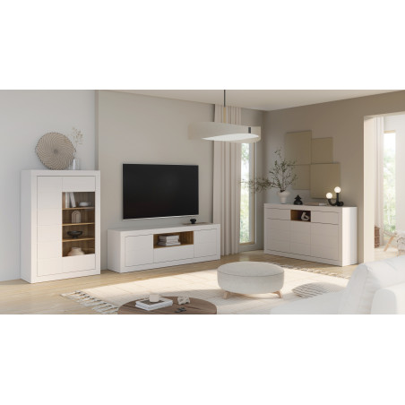 Comoda Tv Mare Lufkira,  Usa si sertare cu push-open, Alb Si stejar Mauvella, 195.4 Cm-01