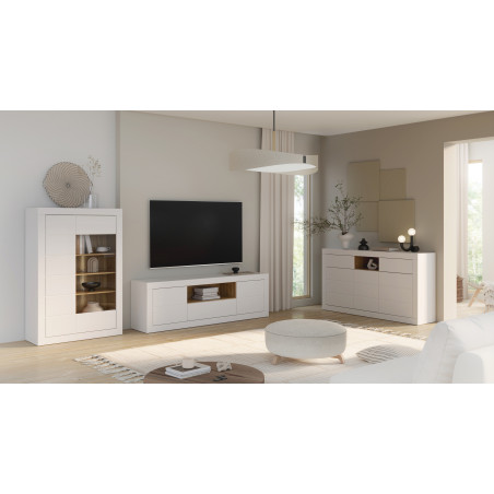 Comoda Tv Mare Lufkira,  Usa si sertare cu push-open, Alb Si stejar Mauvella, 195.4 Cm-01
