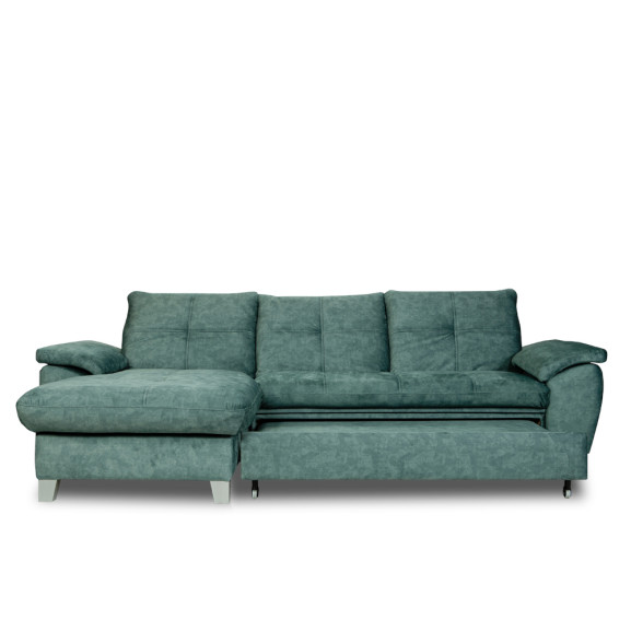 Coltar Extensibil Cu Insula Stanga Sevilia Lux, 5 Locuri, Lada, Tetiere Reglabile, Verde Petrol, 272 Cm