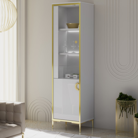 Vitrina Inalta Glamour Alb Si Alb Super Lucios, 49.8 Cm