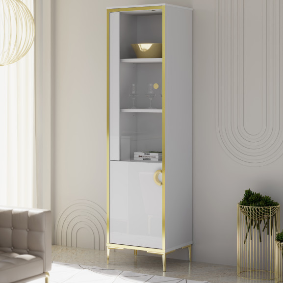 Vitrina Inalta Glamour Alb Si Alb Super Lucios, 49.8 Cm