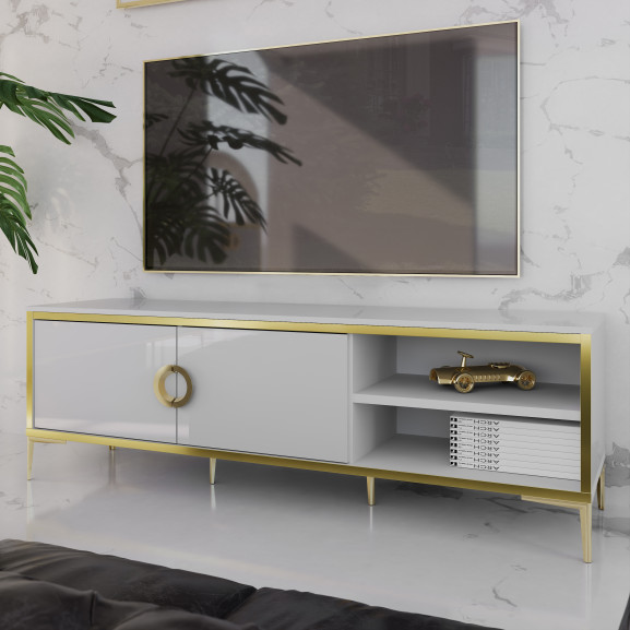 Comoda Tv Glamour, Alb Si Alb Super Lucios 159.2 Cm