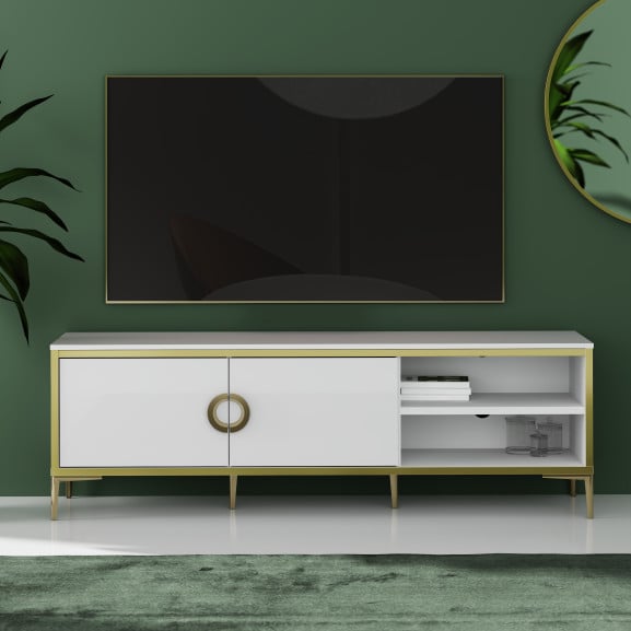 Comoda Tv Glamour, Alb Si Alb Super Lucios 159.2 Cm
